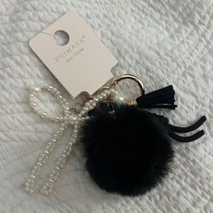 Primark Black Faux Fur Bag Charm with Pearl and Gold Accents